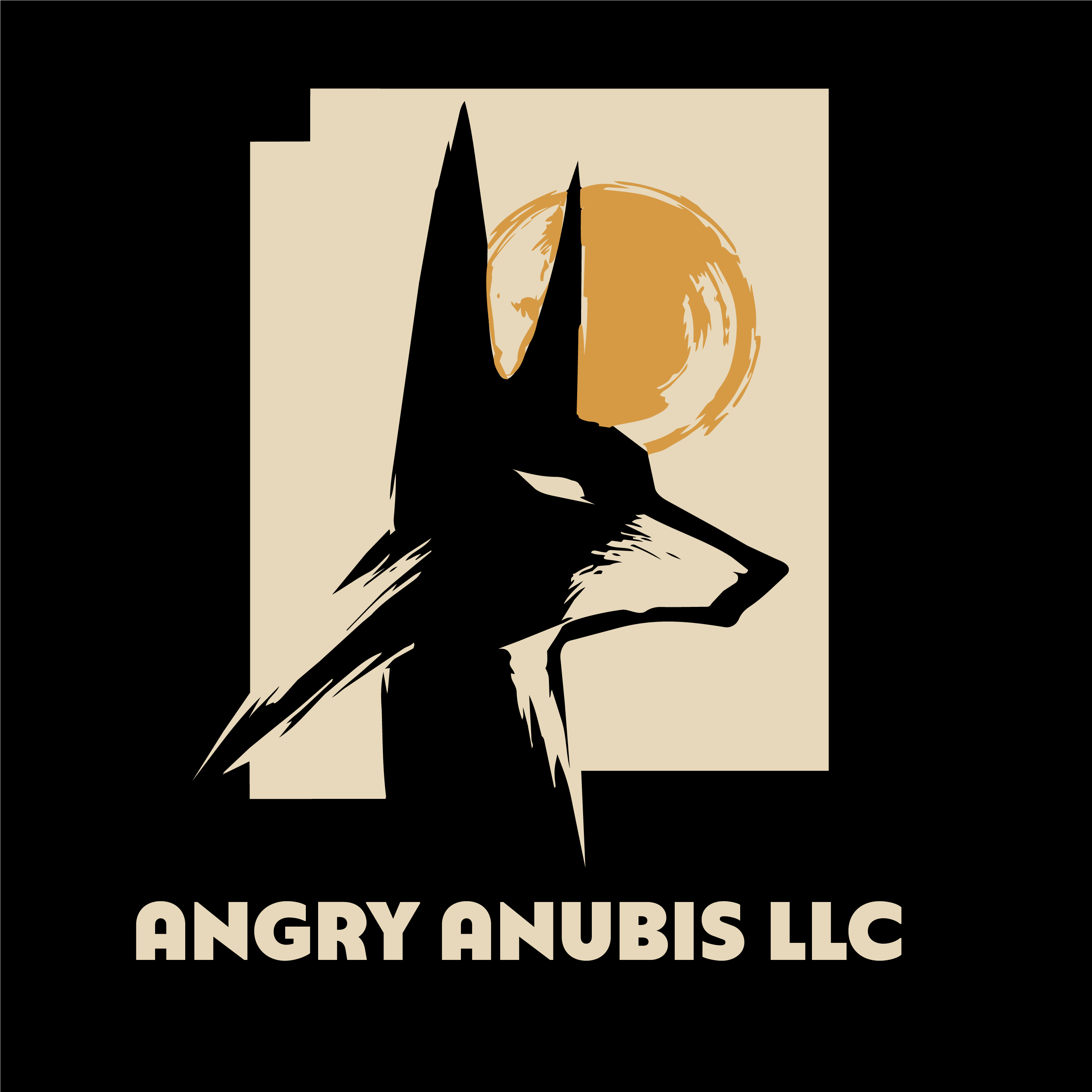 Angry Anubis jackal, gold sun, and wordmark